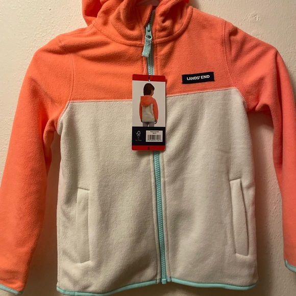 Lands' End Other - NWT - Lands’ End Kids Hooded Fleece Jacket Coral & Cream Print Full Zip. Size 6